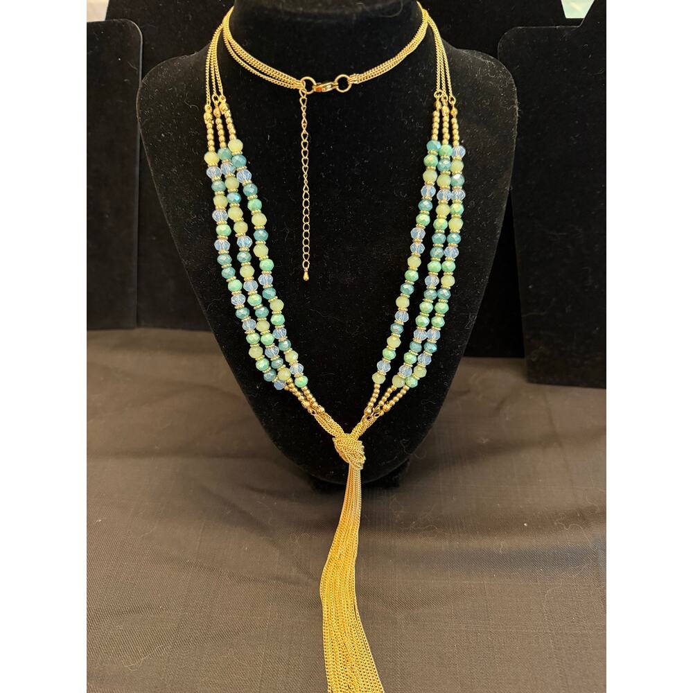 Multi-strand beaded necklace aqua and green crystals a gold-tone tassel drop 30"